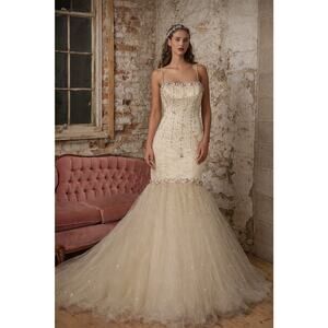 VTG Mori Lee Y2K Ivory Pink Beaded Tulle Mermaid Ethereal Fairy Prom Gown XS 1/2